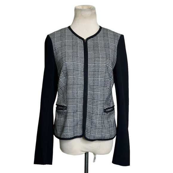 Talbots Black white Plaid Front Solid Sleeves Zip Blazer Jacket size 4 - Picture 1 of 9